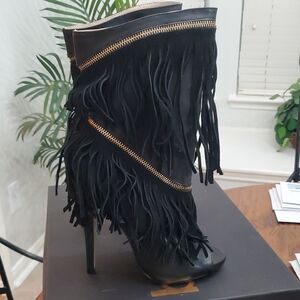 bebe Black and Gold Fringed Heeled Boots